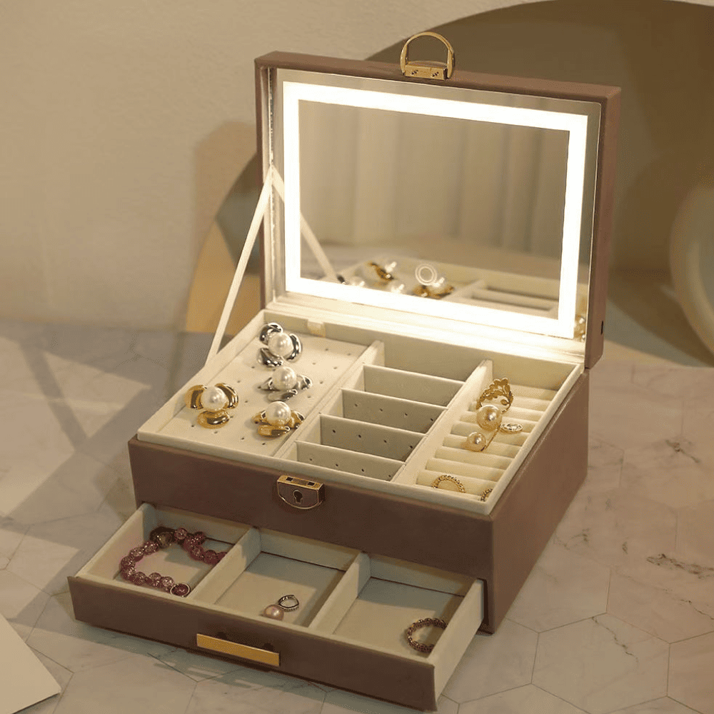 Boîte à Bijoux avec Miroir LED Rechargeable