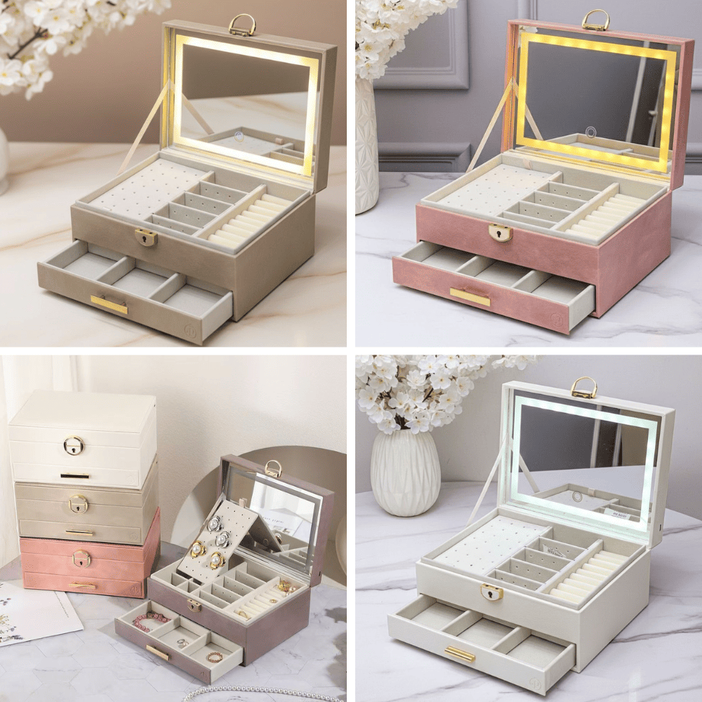 Boîte à Bijoux avec Miroir LED Rechargeable